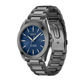 A Hugo Boss men's watch featuring a dark blue sunburst dial, silver-tone hands and indices, and a dark gray stainless steel link bracelet.
