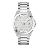 A silver stainless steel wrist watch with a matching link bracelet, featuring a silver dial with a subtle horizontal textured pattern, silver hour markers, and a date window at the 3 o'clock position. The brand name 'BOSS' is visible on the dial.