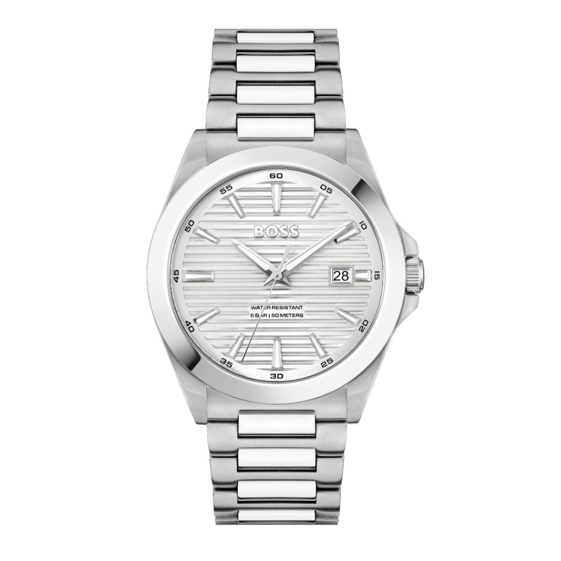 A silver stainless steel wrist watch with a matching link bracelet, featuring a silver dial with a subtle horizontal textured pattern, silver hour markers, and a date window at the 3 o'clock position. The brand name 'BOSS' is visible on the dial.