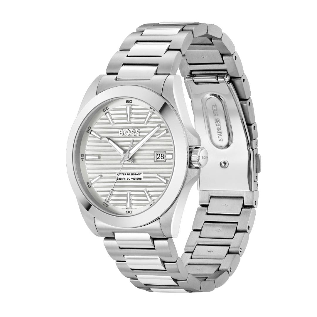 A silver stainless steel wrist watch with a matching link bracelet, featuring a silver dial with a horizontal striped pattern, silver-tone indices, and a date window at 3 o'clock.