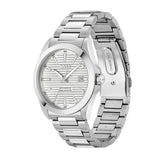 A silver stainless steel wrist watch with a matching link bracelet, featuring a silver dial with a horizontal striped pattern, silver-tone indices, and a date window at 3 o'clock.