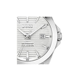 A close-up of a Hugo Boss wristwatch with a silver-tone stainless steel case and a textured silver dial, featuring a date window showing '28'.
