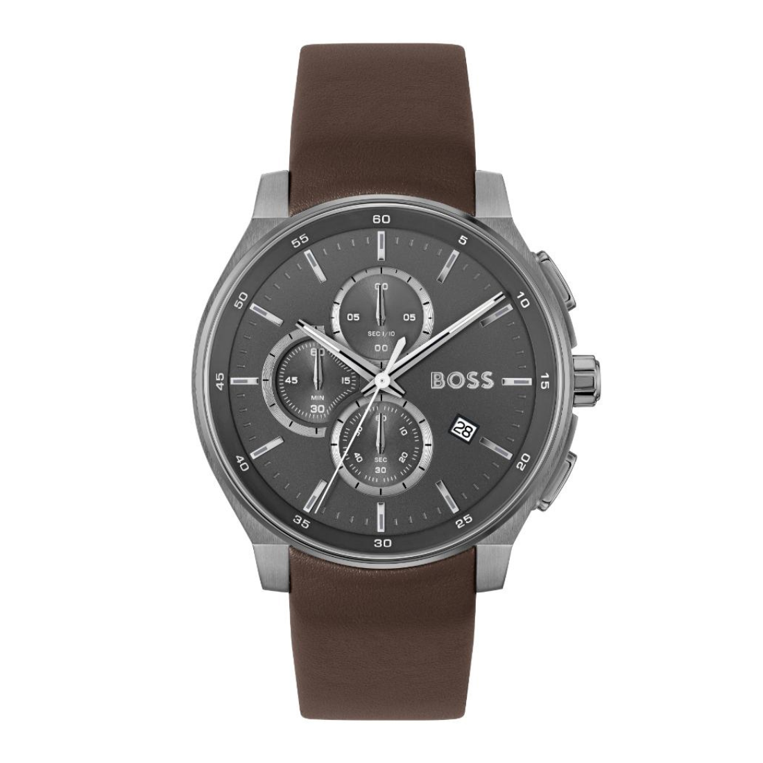 Hugo Boss men's chronograph watch with a brown leather strap, silver-tone case, and a dark gray dial with three sub-dials.