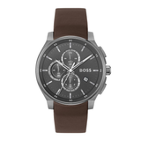 Hugo Boss men's chronograph watch with a brown leather strap, silver-tone case, and a dark gray dial with three sub-dials.