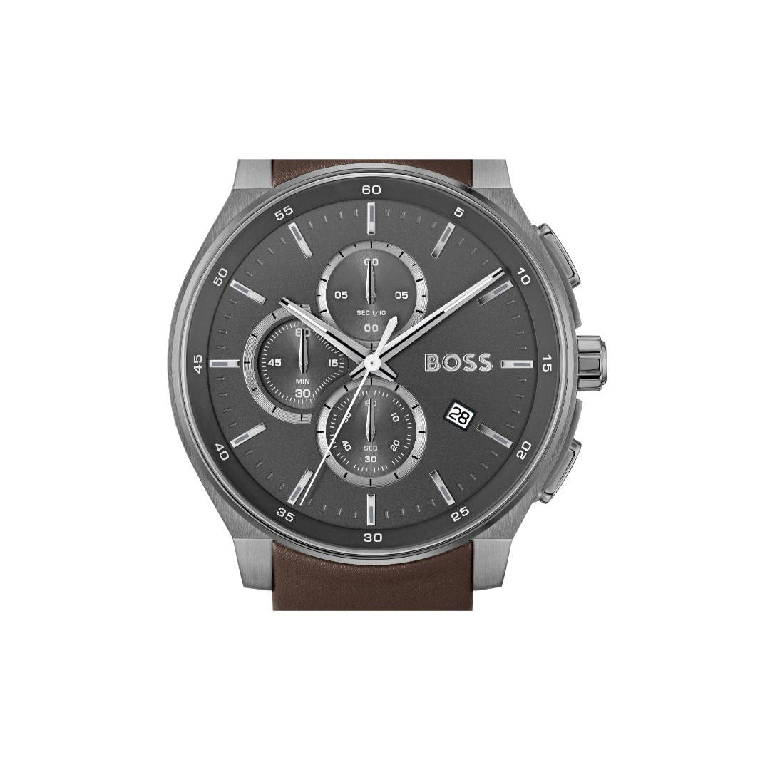 A Hugo Boss chronograph watch with a dark gray dial, silver-tone case, and a brown leather strap, shown against a plain white background.