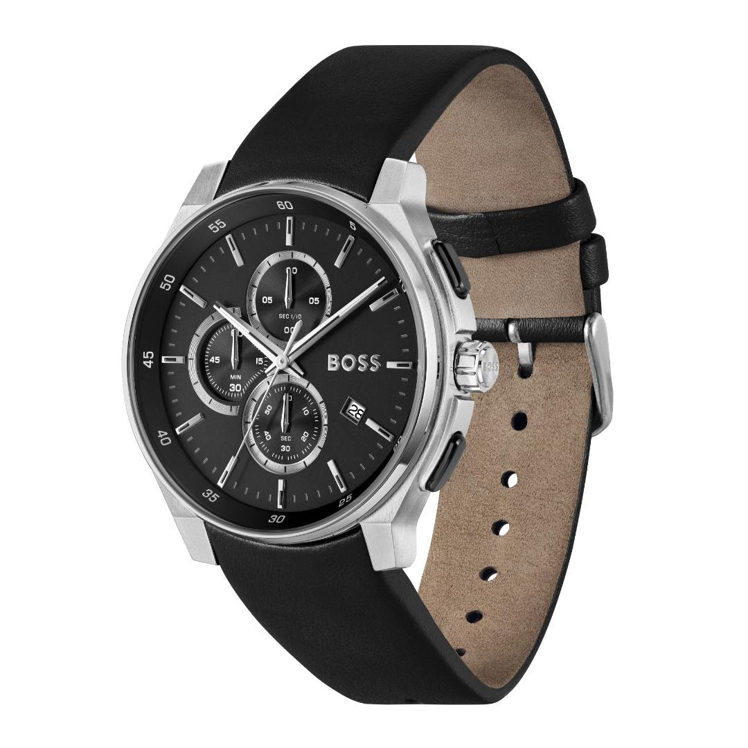 A Hugo Boss analog watch with a black dial, silver-tone case, and a black leather strap with a tan interior, shown on a plain white background.