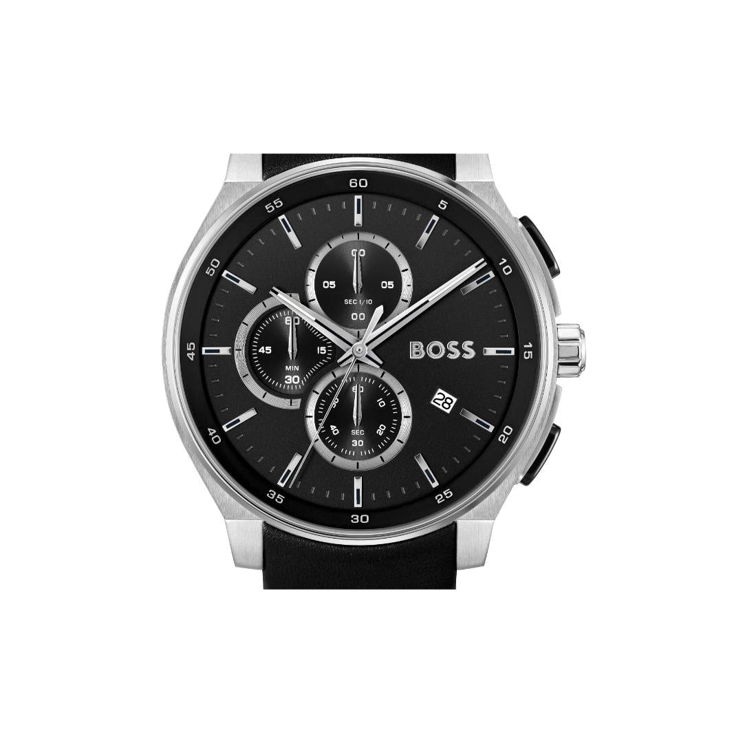 BOSS men's chronograph watch with a black dial, silver-tone stainless steel case, and a black rubber strap, shown against a plain white background.