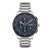 Hugo Boss men's stainless steel watch with a dark blue dial, featuring three subdials, a date window, and a silver-tone metal link bracelet.