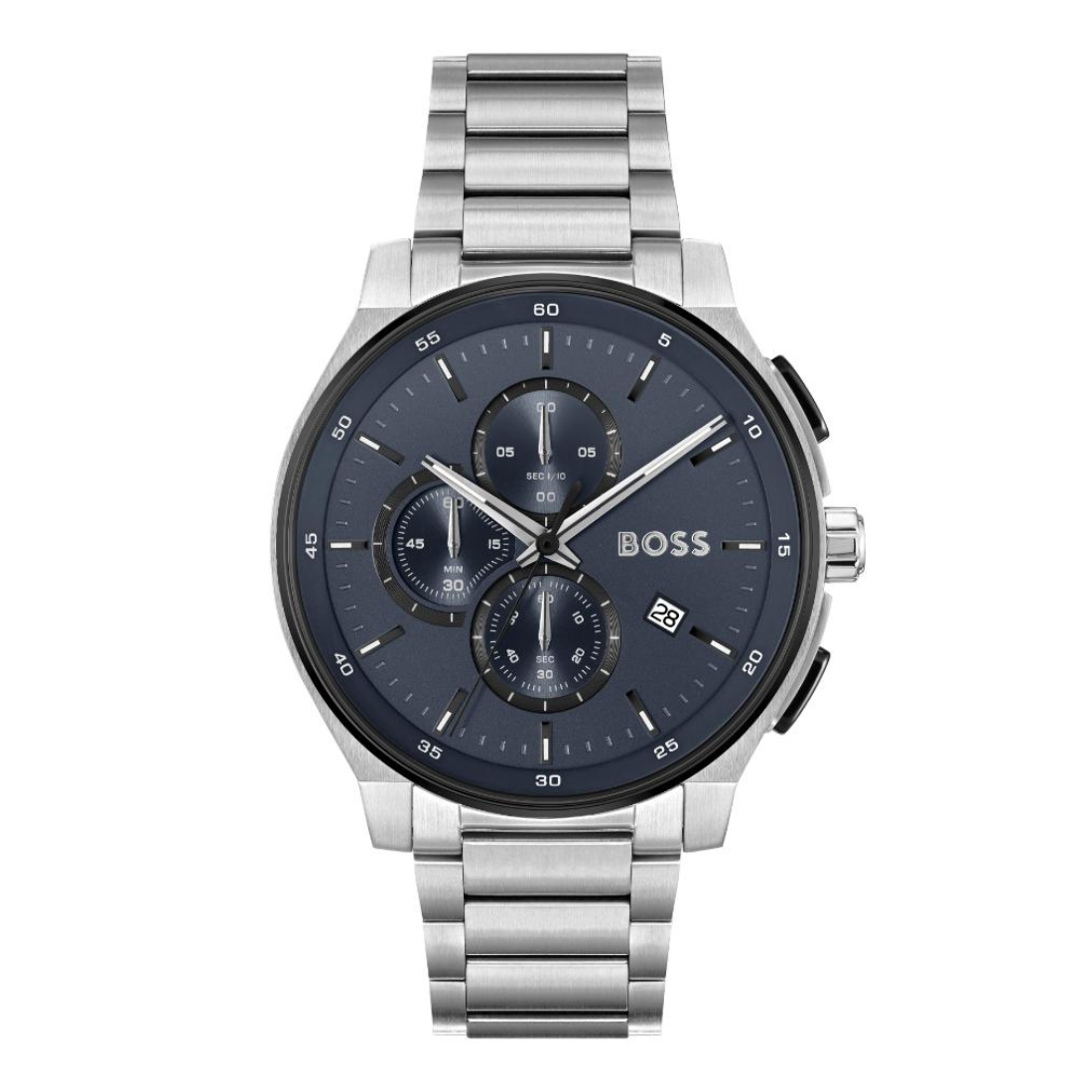 Hugo Boss men's stainless steel watch with a dark blue dial, featuring three subdials, a date window, and a silver-tone metal link bracelet.