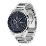 A Hugo Boss men's stainless steel watch with a dark blue dial and matching blue sub-dials, shown from a three-quarters angle on a white background.