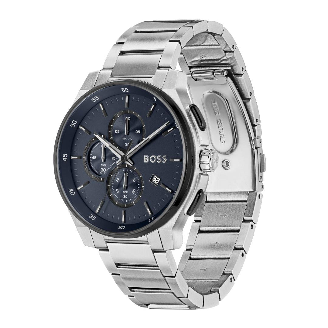 A Hugo Boss men's stainless steel watch with a dark blue dial and matching blue sub-dials, shown from a three-quarters angle on a white background.