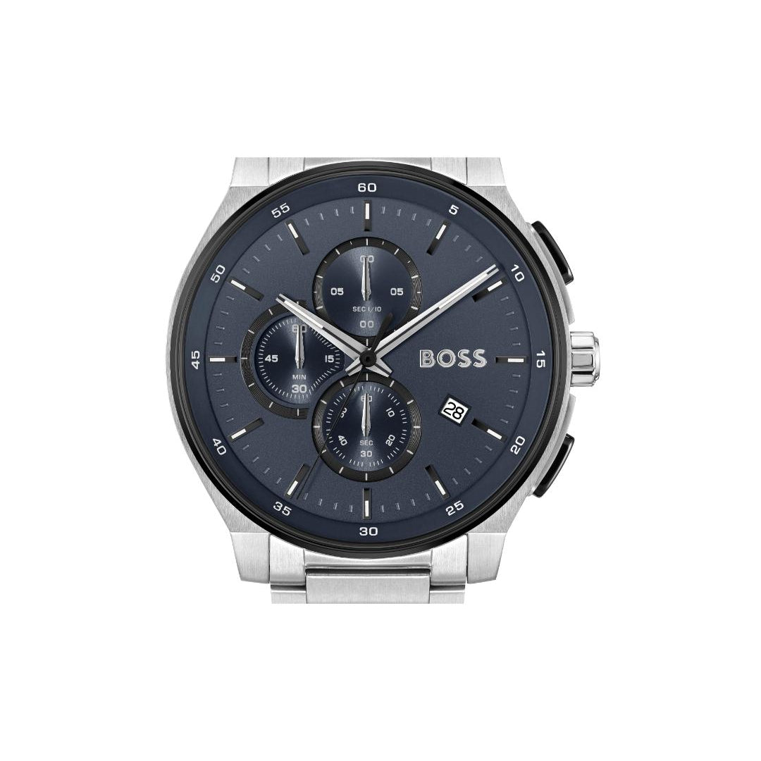 BOSS men's analog watch with a silver stainless steel case and bracelet, featuring a dark blue dial with three subdials and a date window.