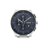 BOSS men's analog watch with a silver stainless steel case and bracelet, featuring a dark blue dial with three subdials and a date window.