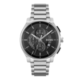A Hugo Boss men's analog watch with a silver stainless steel link bracelet, a round silver case, and a black dial featuring three subdials and silver hands.