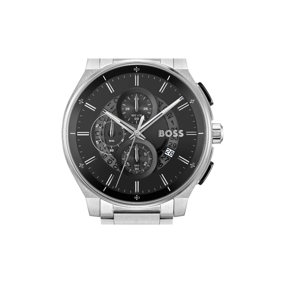 A BOSS men's chronograph watch with a silver stainless steel case and bracelet, featuring a black dial with three subdials and silver-tone hands and markers.