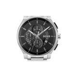 A BOSS men's chronograph watch with a silver stainless steel case and bracelet, featuring a black dial with three subdials and silver-tone hands and markers.