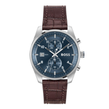BOSS watch with a silver stainless steel case, a dark blue dial with three subdials, and a brown alligator-patterned leather strap, shown against a plain white background.