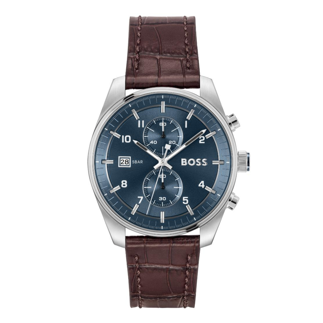 BOSS watch with a silver stainless steel case, a dark blue dial with three subdials, and a brown alligator-patterned leather strap, shown against a plain white background.