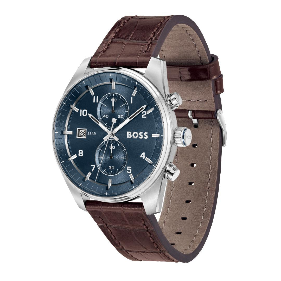 A Hugo Boss chronograph watch with a dark blue dial, silver-tone stainless steel case, and a brown leather strap, shown on a plain white background.