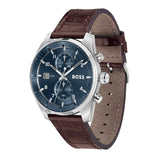 A Hugo Boss chronograph watch with a dark blue dial, silver-tone stainless steel case, and a brown leather strap, shown on a plain white background.