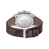 The back view of a Hugo Boss watch with a brown leather strap and a silver stainless steel case, showing the branded metal case back and crown details on a white background.