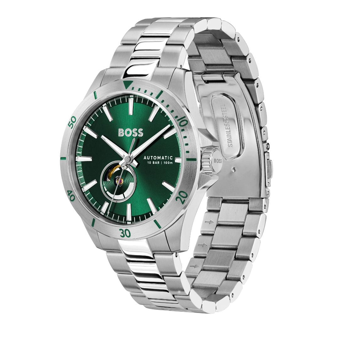 A silver stainless steel wristwatch with a green dial and green bezel markings, featuring a silver link bracelet and a visible BOSS logo on the face.
