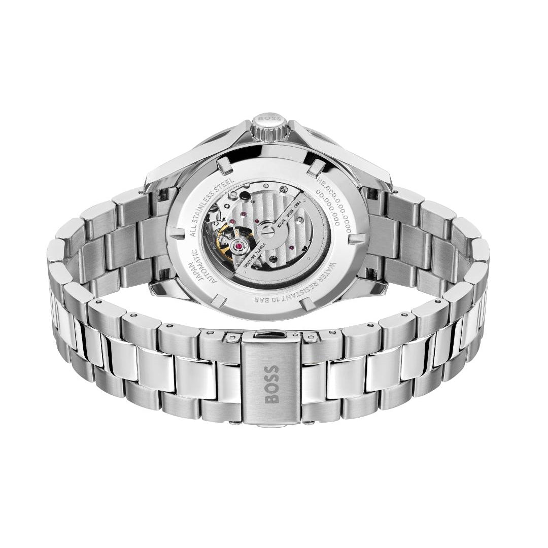 Silver stainless steel automatic watch shown from the back, featuring a transparent case back that reveals the mechanical movement and a matching metal link bracelet with a visible BOSS logo on the clasp.