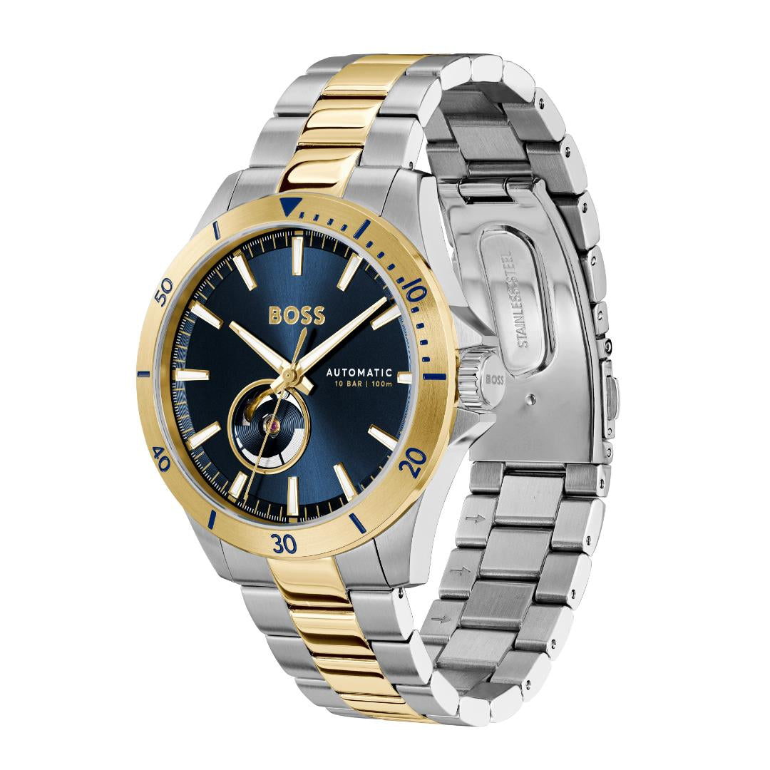 A Hugo Boss automatic watch with a two-tone silver and gold stainless steel bracelet, a gold bezel, and a dark blue dial with gold accents.