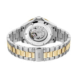 A two-tone stainless steel and yellow gold automatic watch shown from the back, featuring a transparent case back that reveals the mechanical movement and a BOSS logo on the clasp, set against a plain white background.