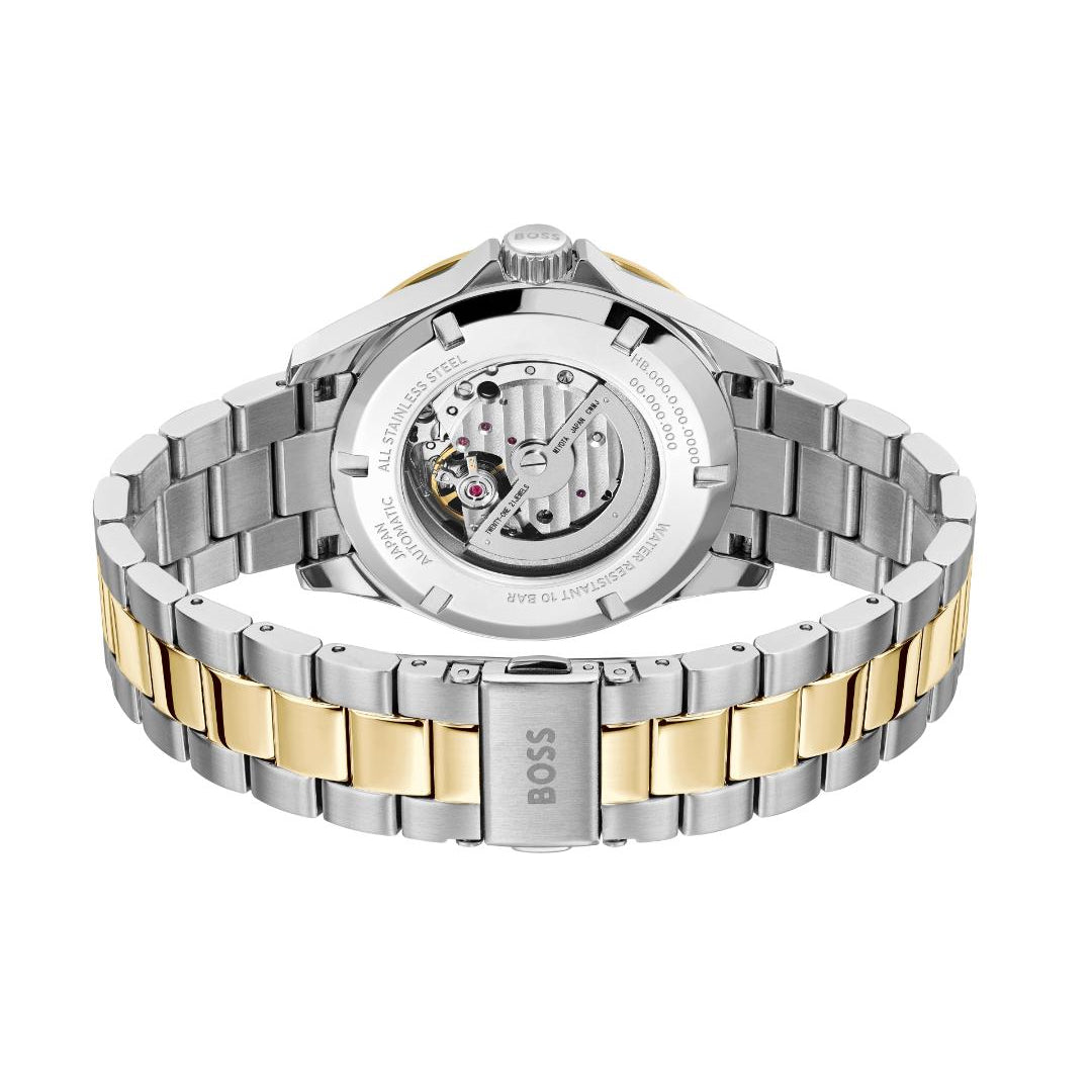 A two-tone stainless steel and yellow gold automatic watch shown from the back, featuring a transparent case back that reveals the mechanical movement and a BOSS logo on the clasp, set against a plain white background.