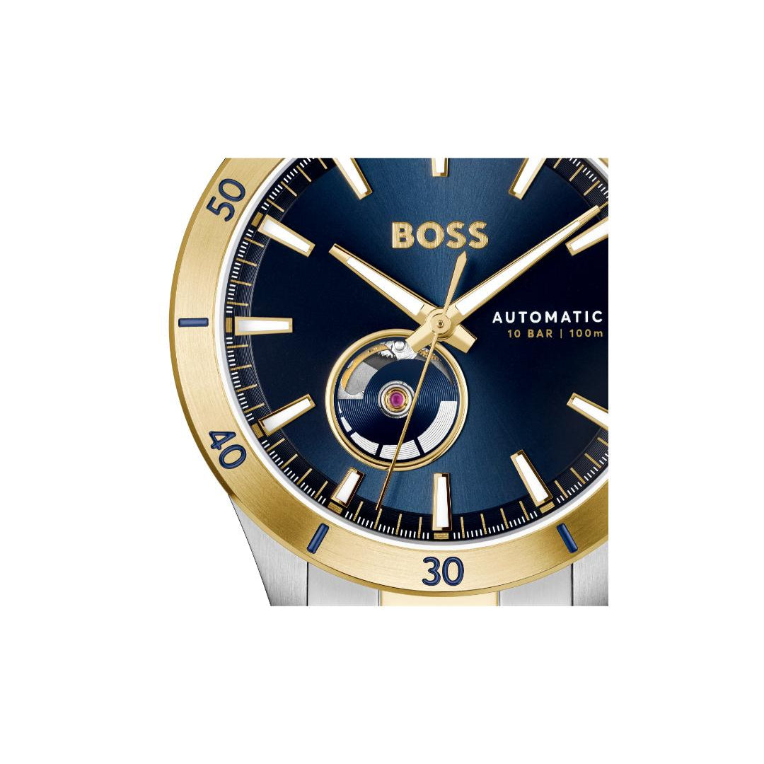 BOSS Automatic watch with a deep blue dial, gold-tone bezel and hands, and a silver-tone case, shown on a plain white background.