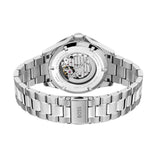 Silver stainless steel automatic watch shown from the back, featuring a transparent case back that reveals the mechanical movement and a matching metal link bracelet with a visible BOSS logo on the clasp.
