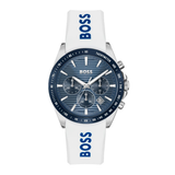 A Hugo Boss chronograph watch with a blue dial, silver-tone case, and a white rubber strap featuring bold blue BOSS branding.