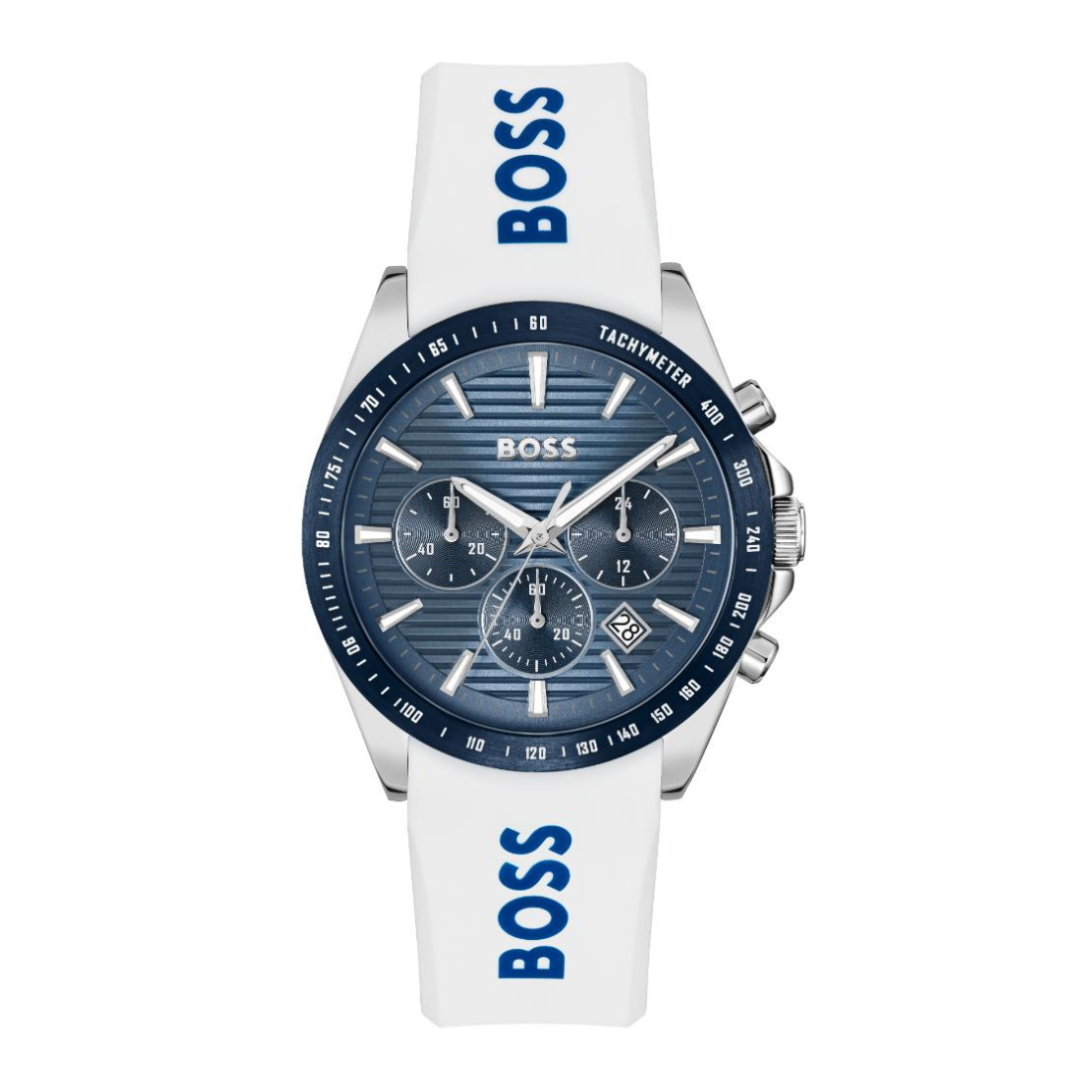 A Hugo Boss chronograph watch with a blue dial, silver-tone case, and a white rubber strap featuring bold blue BOSS branding.