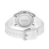 White BOSS watch with a white silicone strap and silver-tone case, shown from the back on a white background.