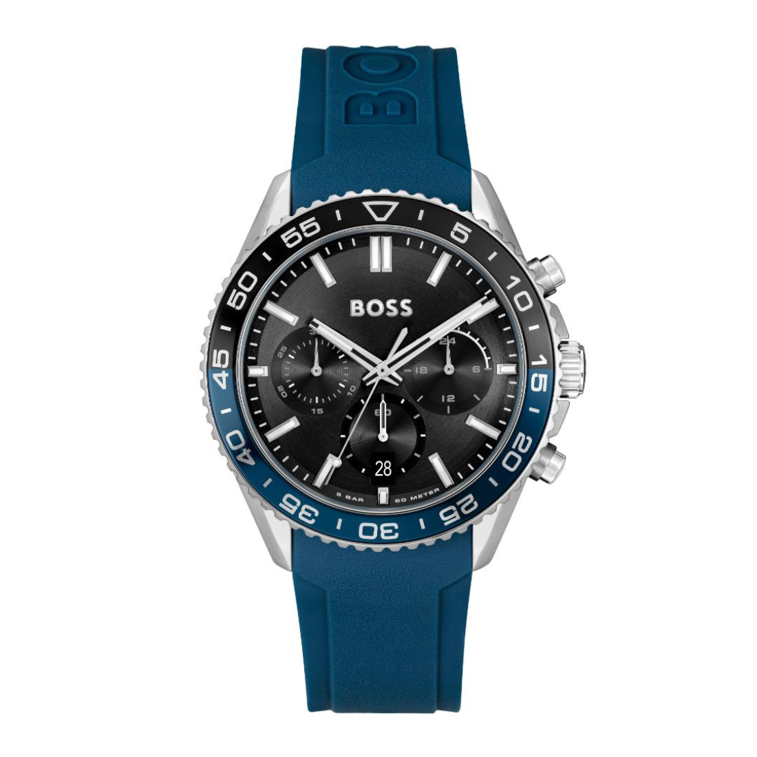 A Hugo Boss watch with a dark blue silicone strap, a black dial, and a blue and silver bezel, shown against a plain white background.