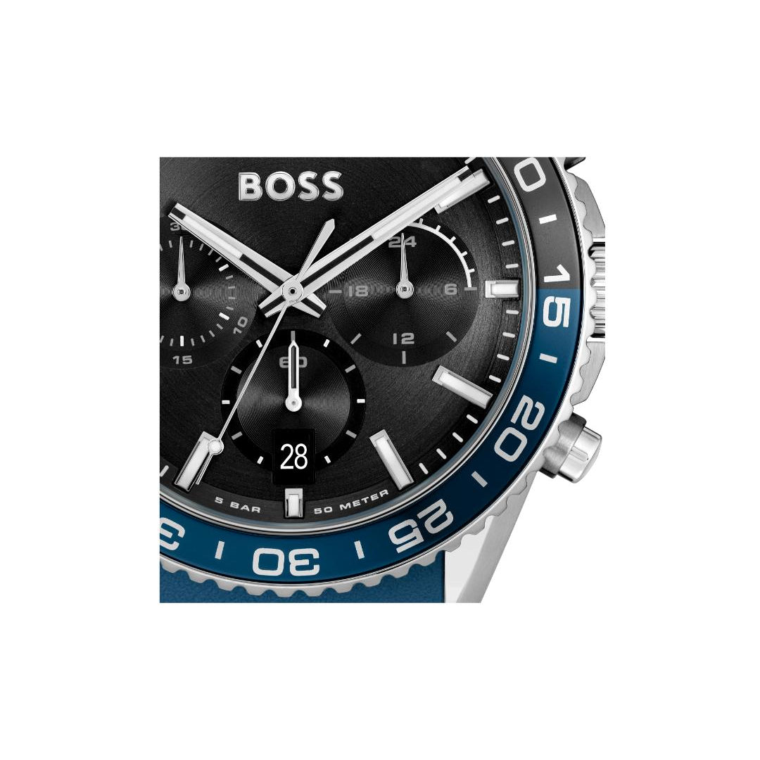BOSS chronograph watch with a black dial, silver-tone case, and blue bezel with white markings, shown on a plain white background.