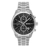 Silver watch with black dial on a white background