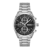 A silver-tone stainless steel watch with a black dial, featuring three subdials, a date window, and the BOSS logo on the face, set against a plain white background.