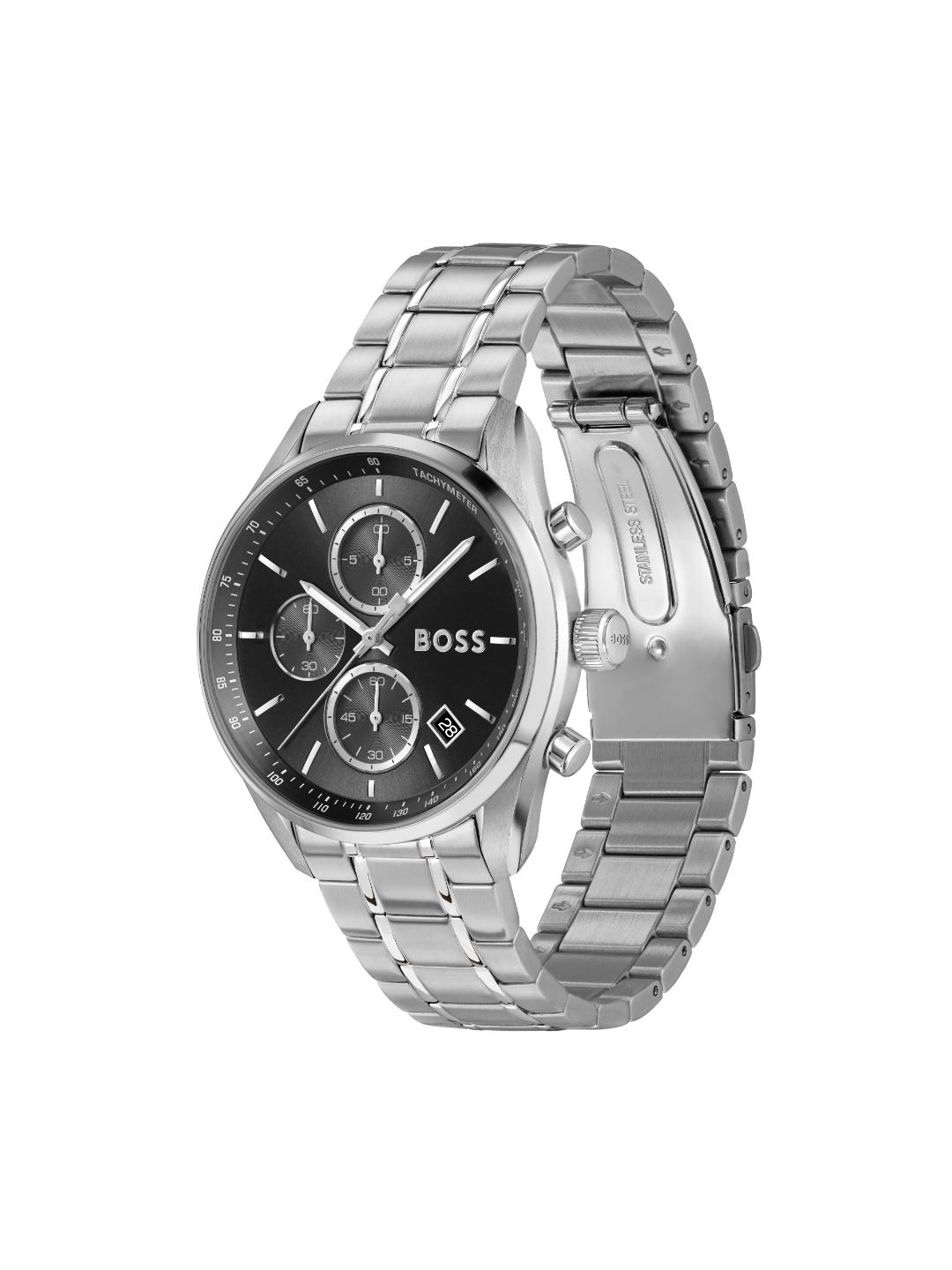 A Hugo Boss men's analog watch with a silver stainless steel link bracelet, a black dial with three subdials, and a date window, shown on a plain white background.
