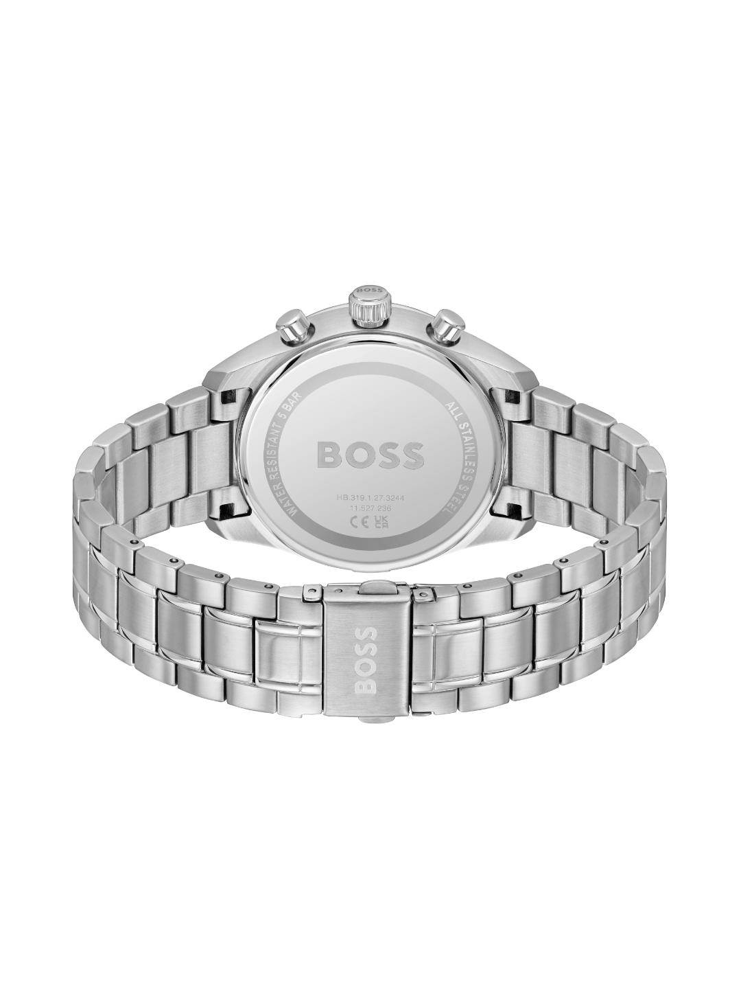 Silver stainless steel analog watch shown from the back, featuring a matching metal link bracelet, a round case, and a visible BOSS logo on the back of the case and on the clasp.