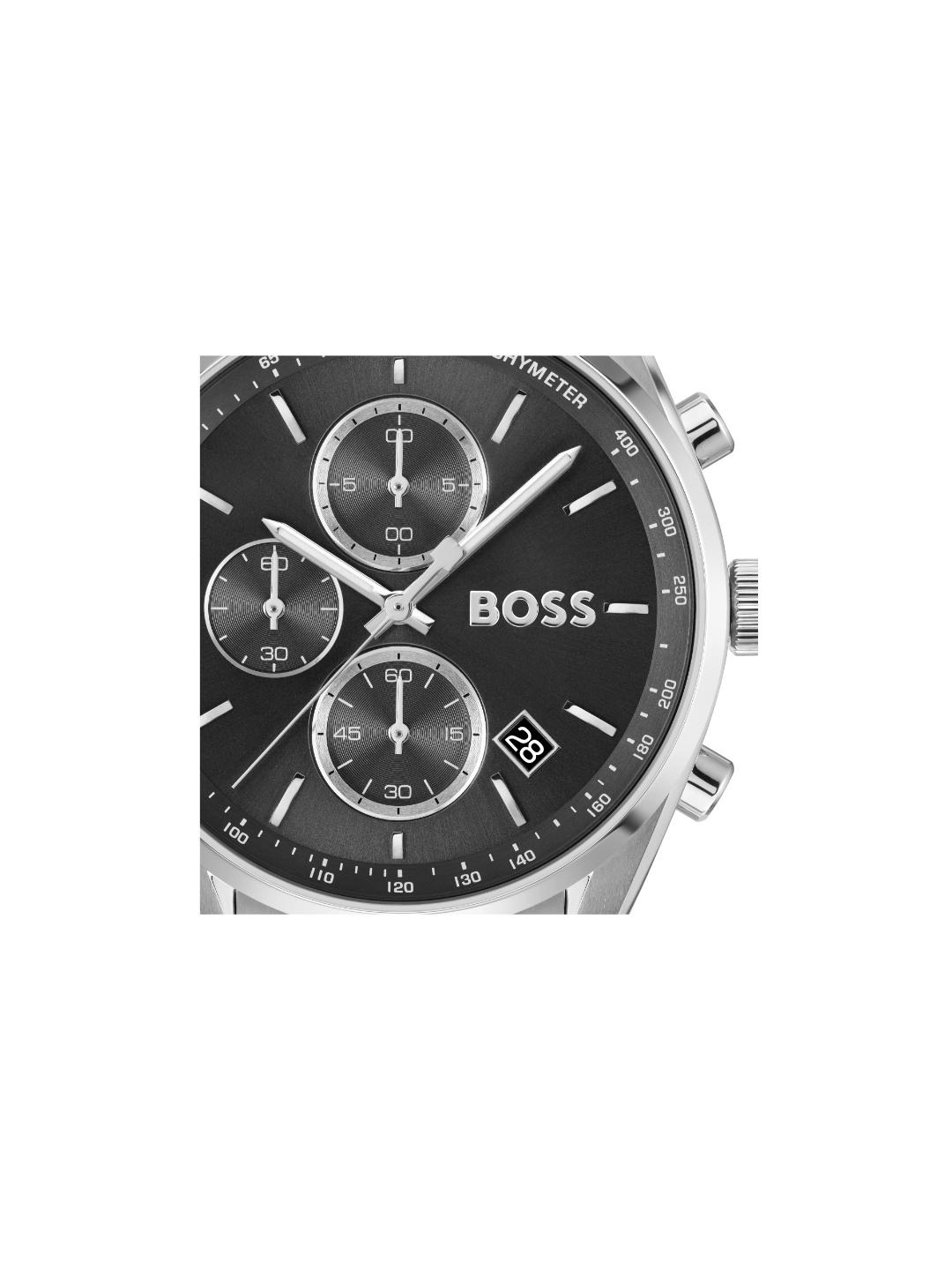 A close-up of a Hugo Boss chronograph watch with a black dial, silver-tone case, and white markings on a plain white background.