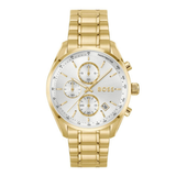 A gold-tone BOSS chronograph watch with a white dial, featuring three sub-dials, a date window, and a matching gold-tone metal link bracelet, shown against a plain white background.
