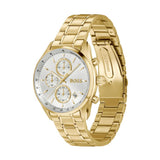 A gold-tone BOSS watch with a silver-tone dial, featuring three subdials, a date window, and a matching gold-tone metal link bracelet, shown against a plain white background.