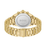 Gold-tone stainless steel watch with a metal link bracelet, shown from the back on a plain white background. The back case is engraved with 'BOSS' and 'SWISS MADE', and the clasp is engraved with 'BOSS'.