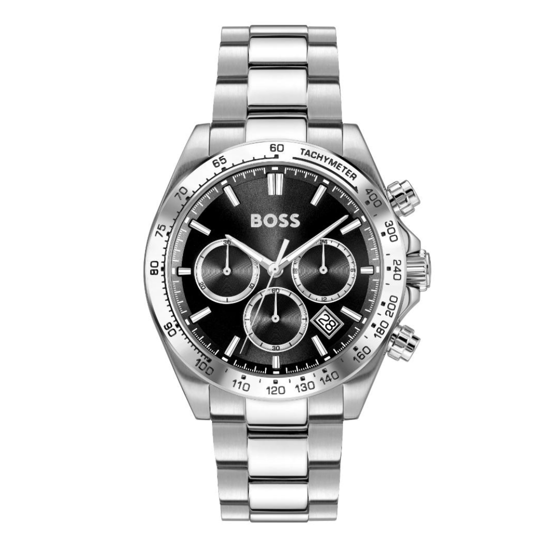 A silver stainless steel chronograph watch by BOSS with a black dial, three subdials, a date window, and a matching steel link bracelet, shown against a plain white background.