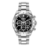 A silver stainless steel chronograph watch by BOSS with a black dial, three subdials, a date window, and a matching steel link bracelet, shown against a plain white background.