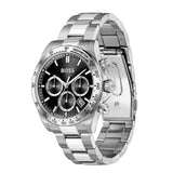 A silver stainless steel chronograph watch by Hugo Boss with a black dial, black tachymeter bezel, and matching silver link bracelet, shown on a plain white background.