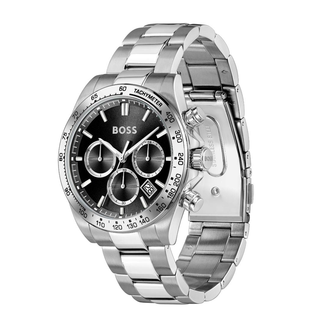 A silver stainless steel chronograph watch by Hugo Boss with a black dial, black tachymeter bezel, and matching silver link bracelet, shown on a plain white background.
