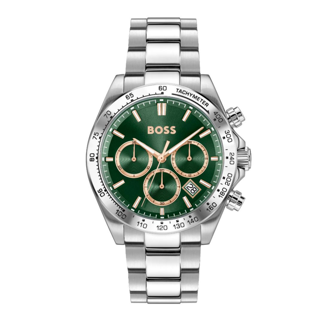 A Hugo Boss men's analog watch with a silver stainless steel link bracelet, a green dial, and gold-tone chronograph details, shown against a plain white background.